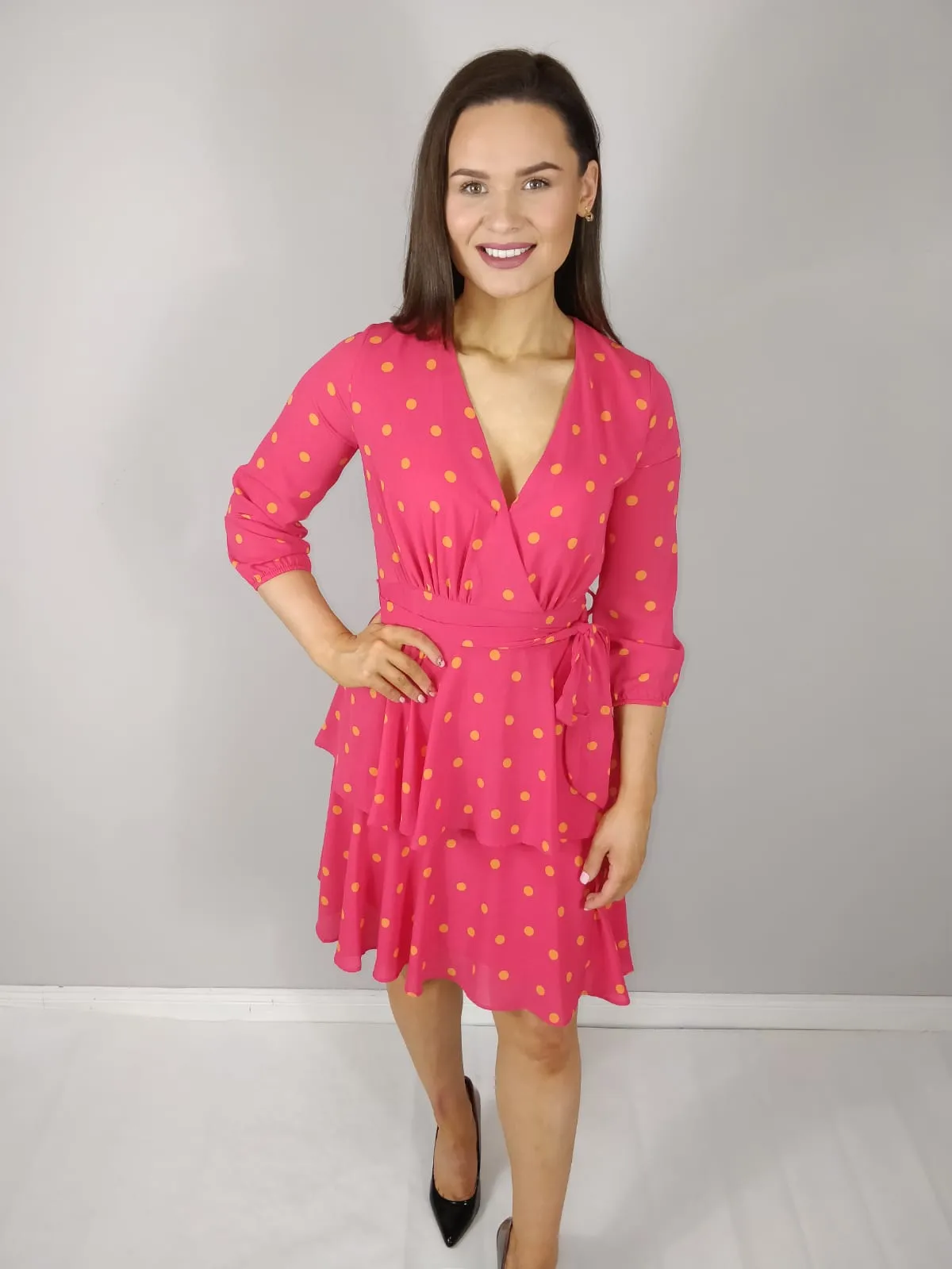 Saskia Cerise Pink Polka Dot Frilled Midi Dress