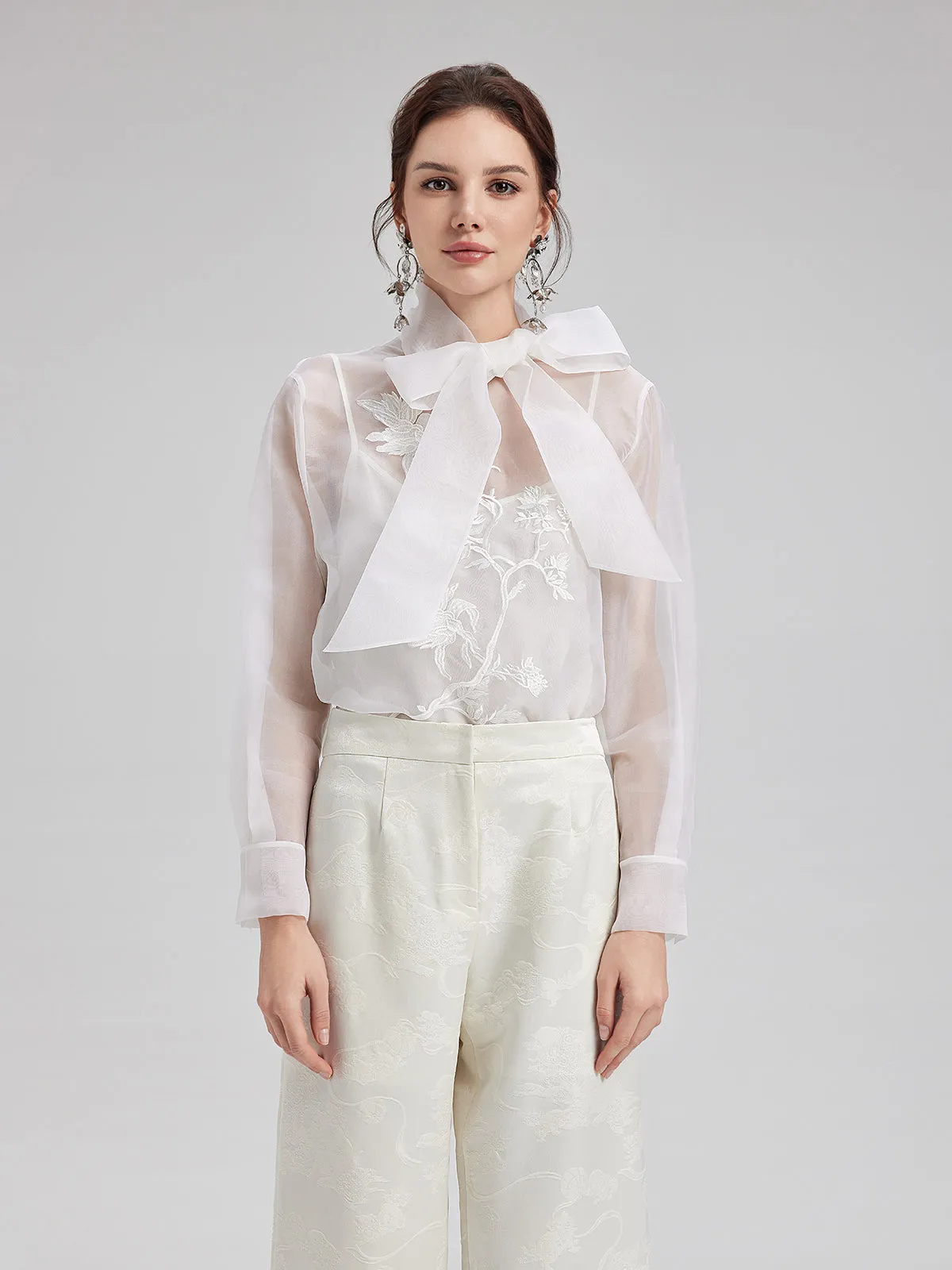 Silk Embroidered Tie Waist Blouse