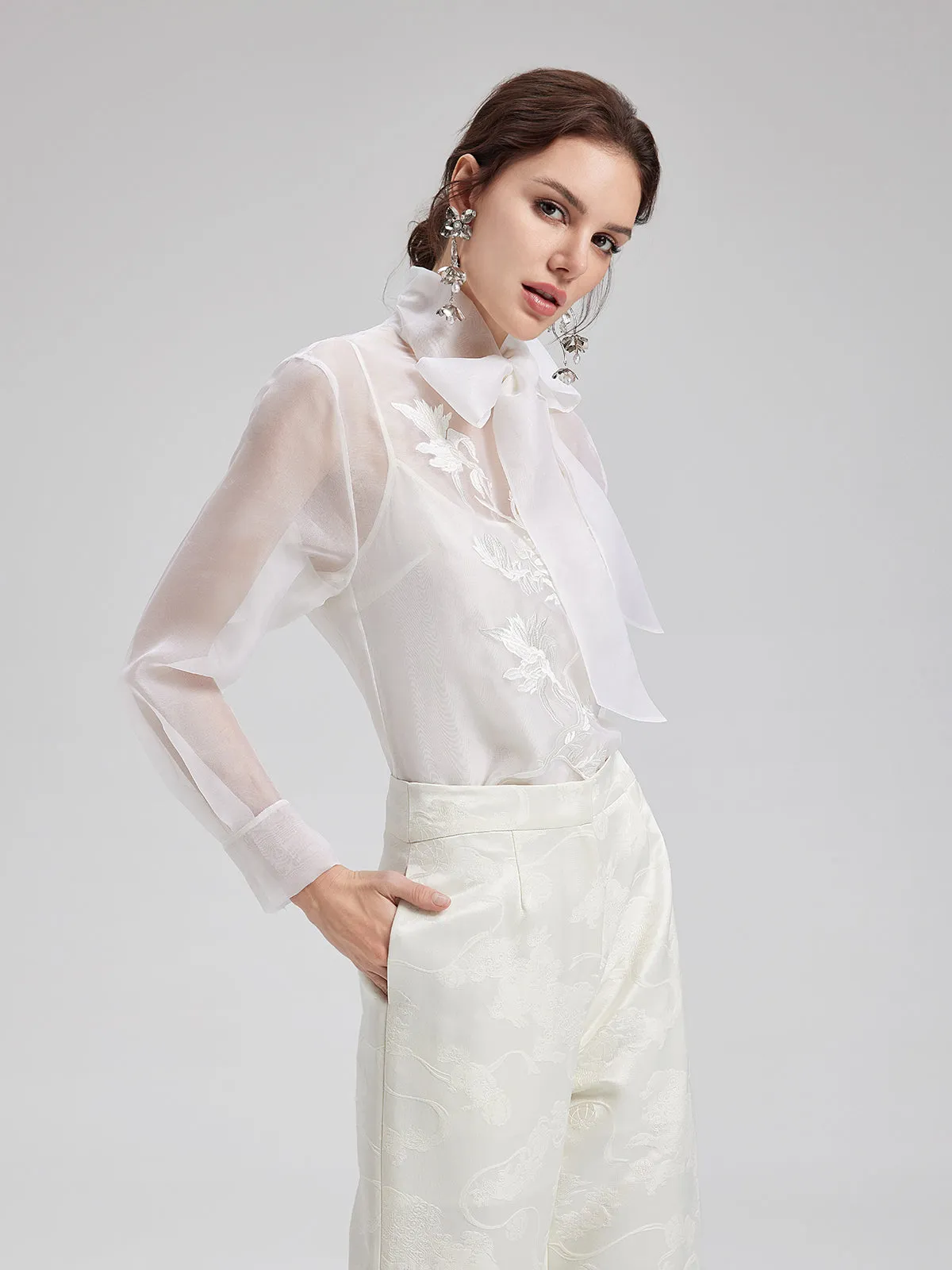 Silk Embroidered Tie Waist Blouse