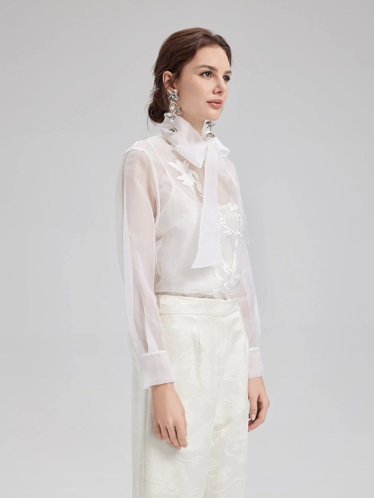 Silk Embroidered Tie Waist Blouse