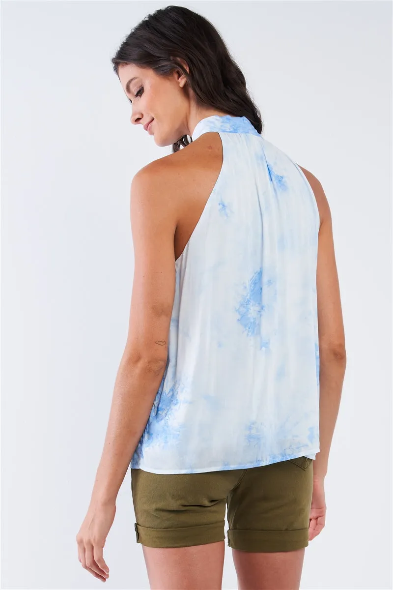 Sky Blue Tie Dye Side Bow Tie Neckline Long Sleeveless Summer Top