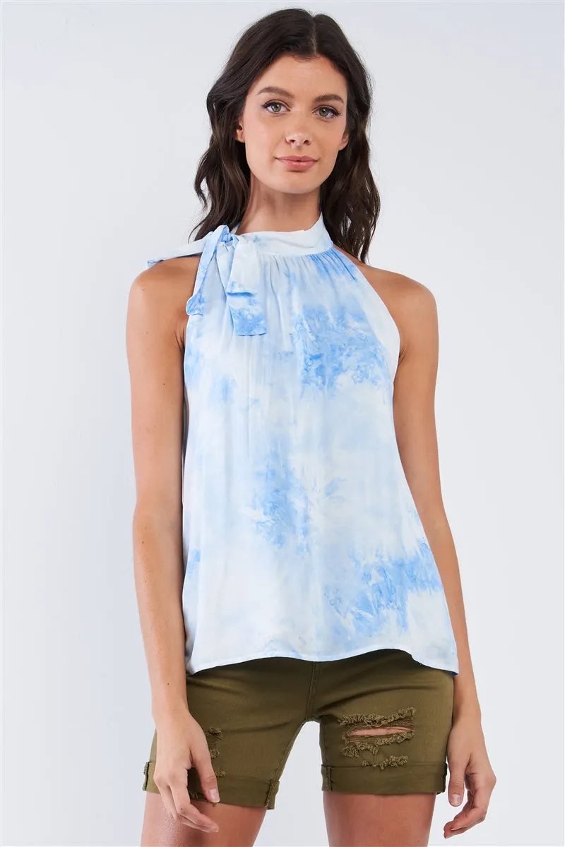 Sky Blue Tie Dye Side Bow Tie Neckline Long Sleeveless Summer Top