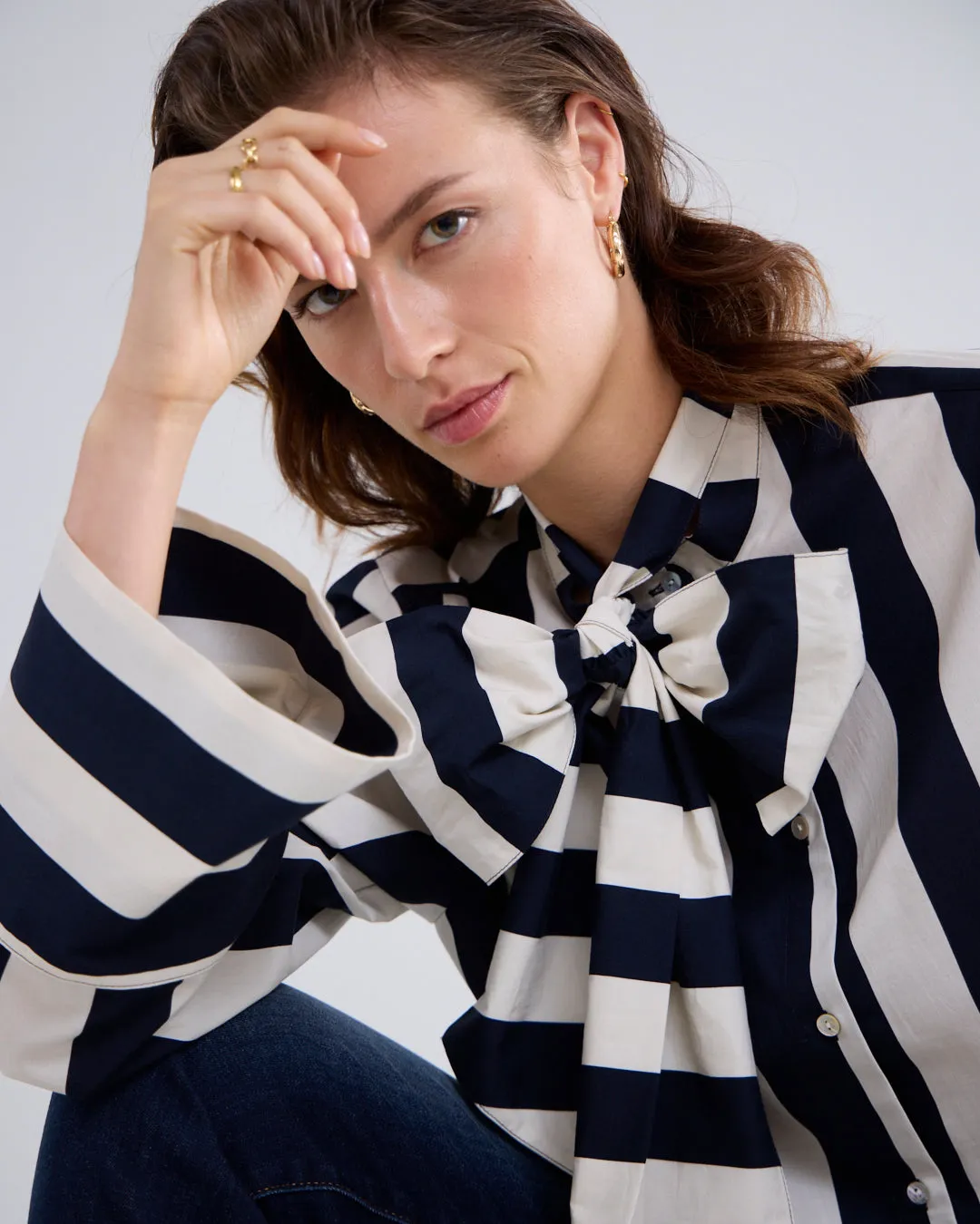 Stripe Printed Bow Blouse in Black/Ivory