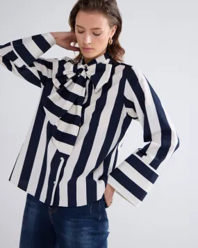 Stripe Printed Bow Blouse in Black/Ivory