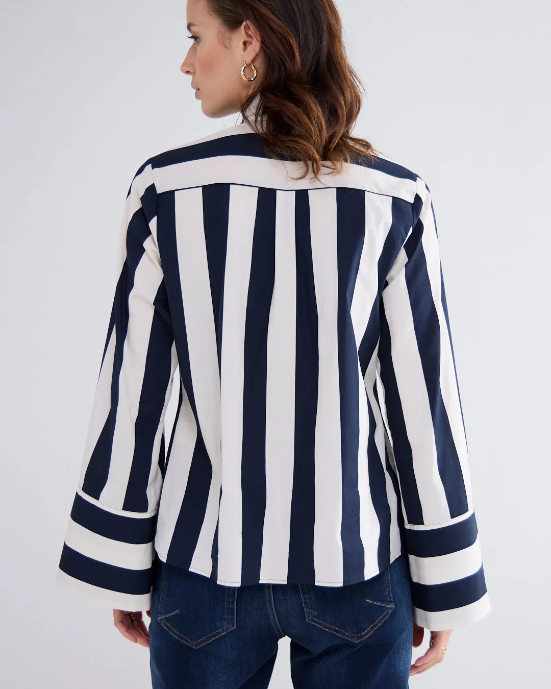 Stripe Printed Bow Blouse in Black/Ivory