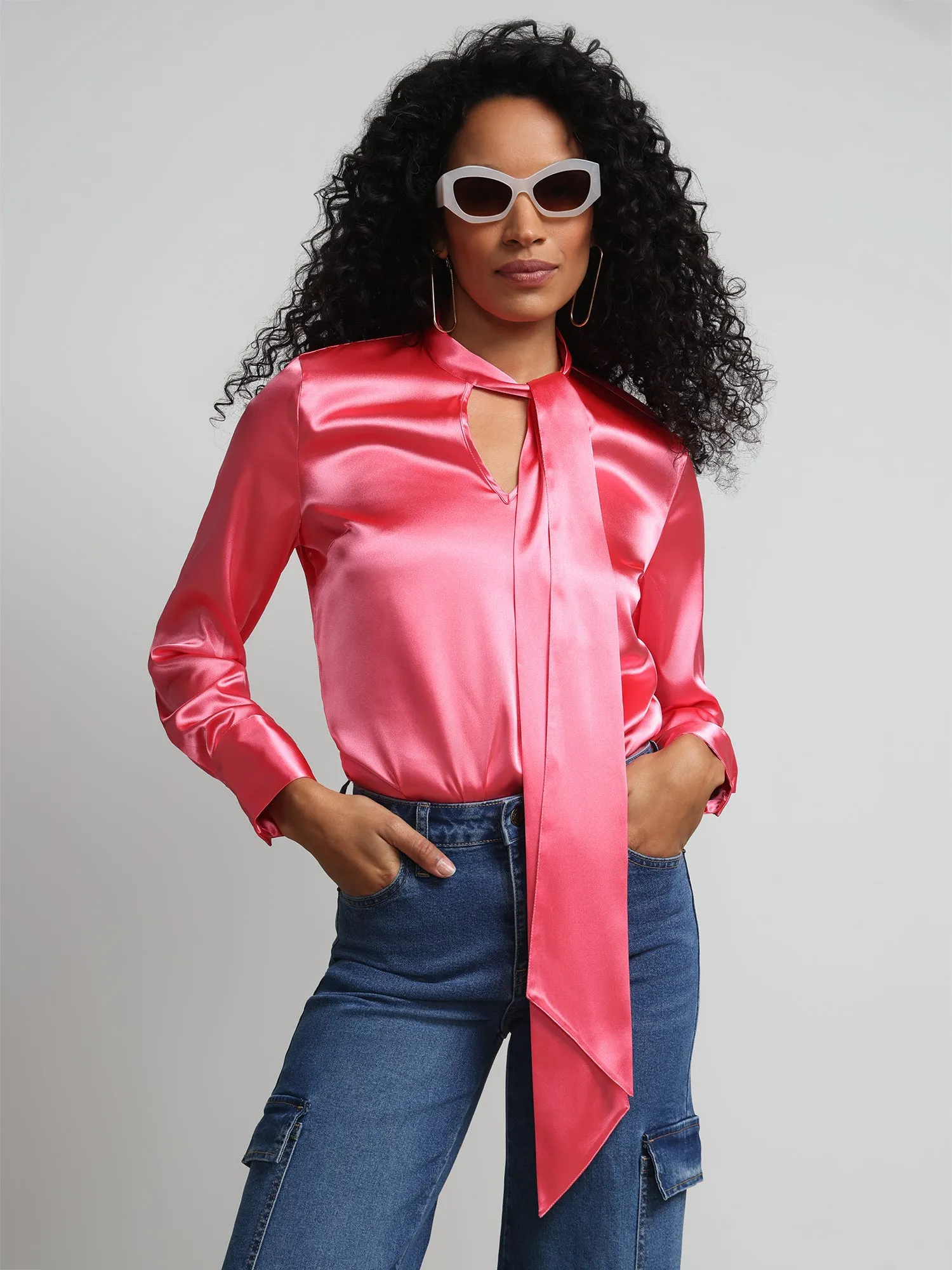 Tie-Front Cut-Out Satin Effect Blouse