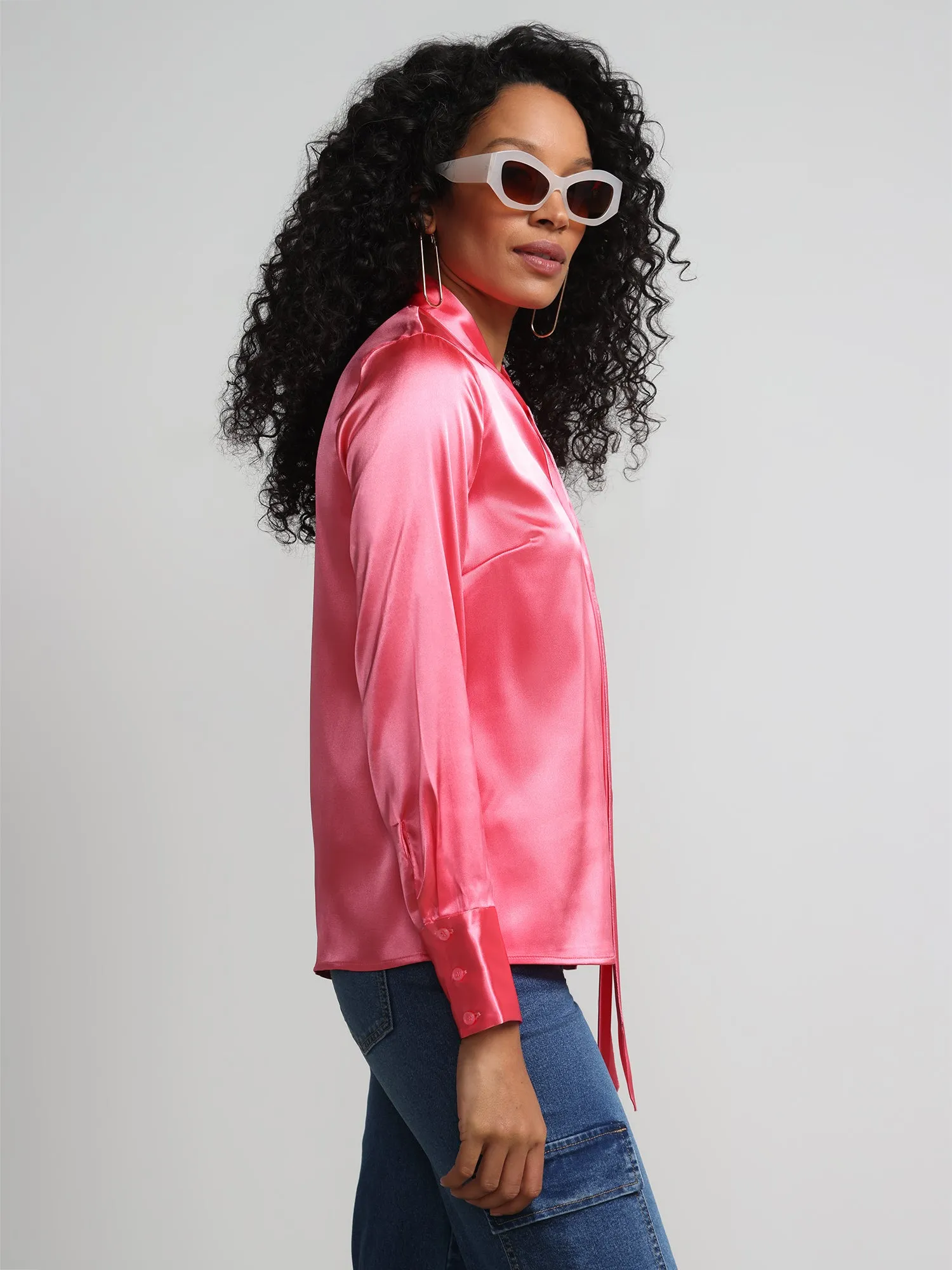 Tie-Front Cut-Out Satin Effect Blouse