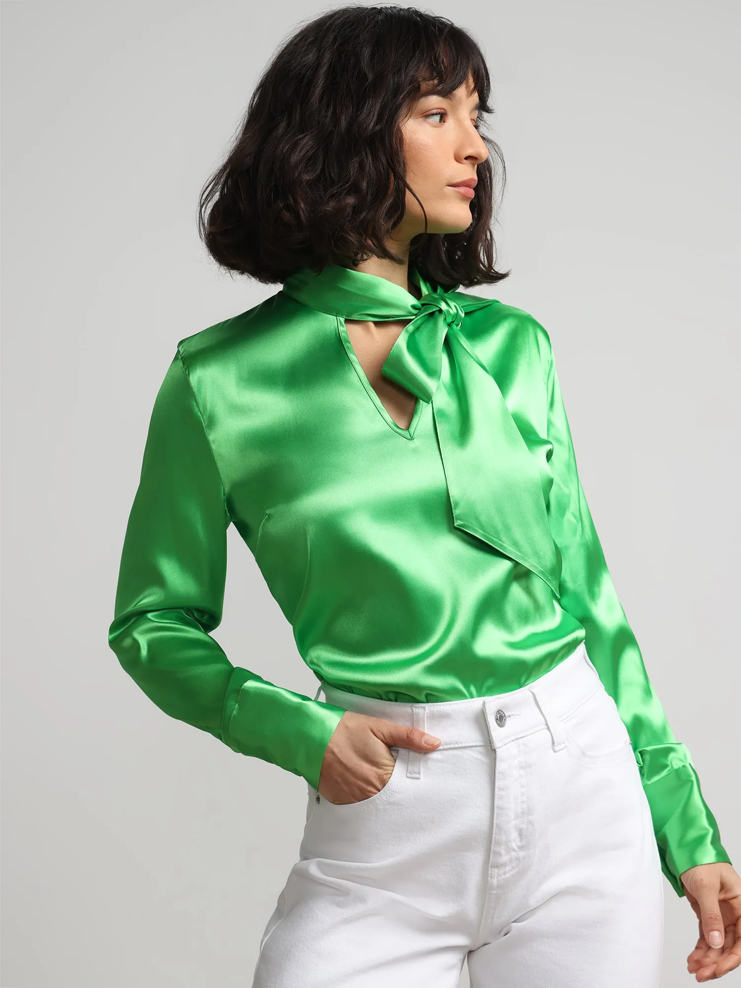 Tie-Front Cut-Out Satin Effect Blouse