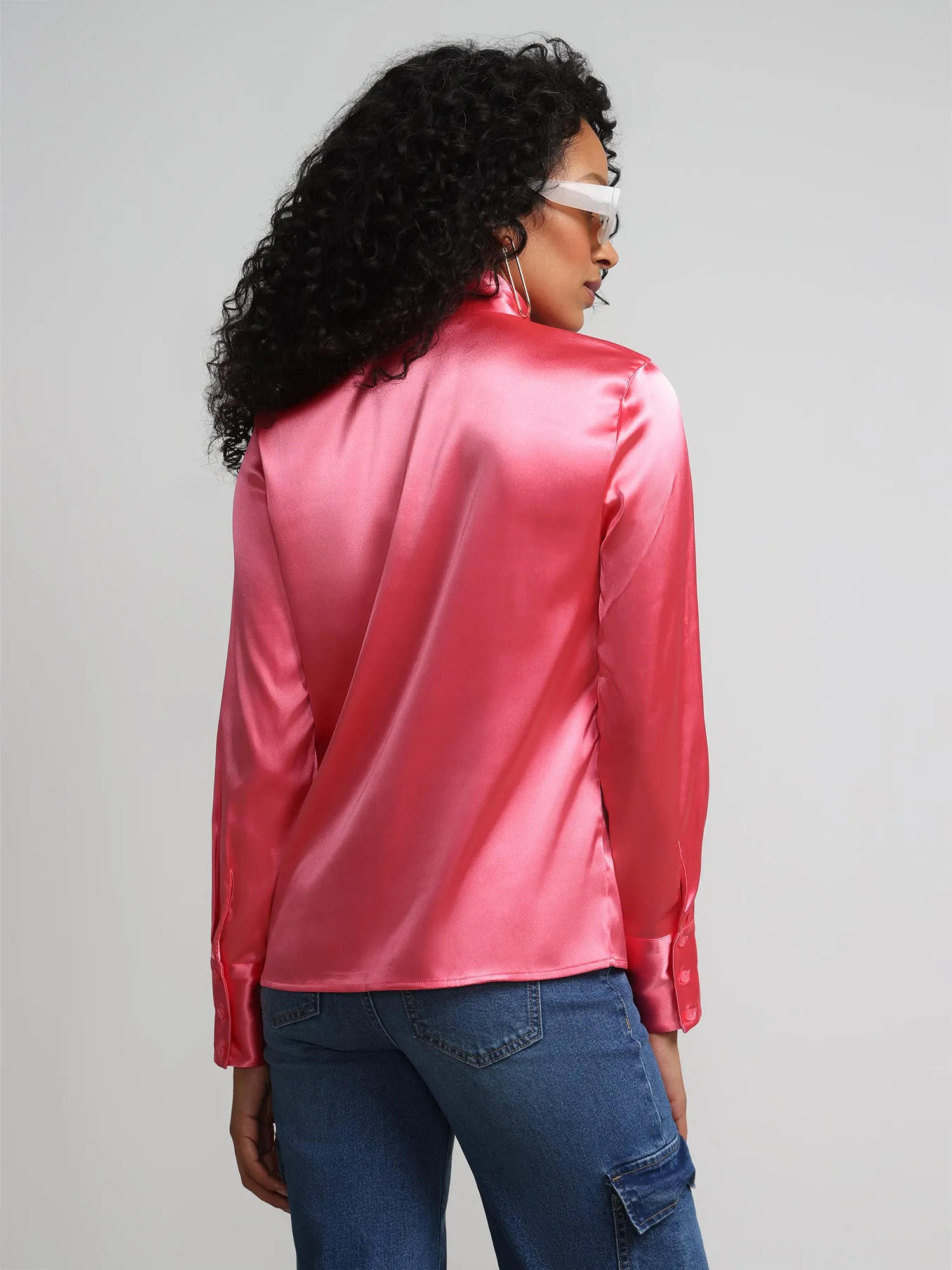 Tie-Front Cut-Out Satin Effect Blouse